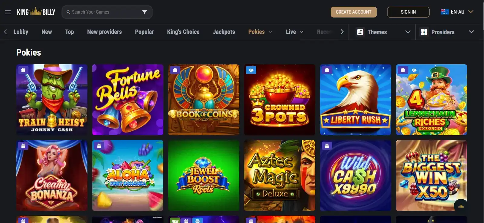 King Billy casino game lobby showing category navigation and provider filters