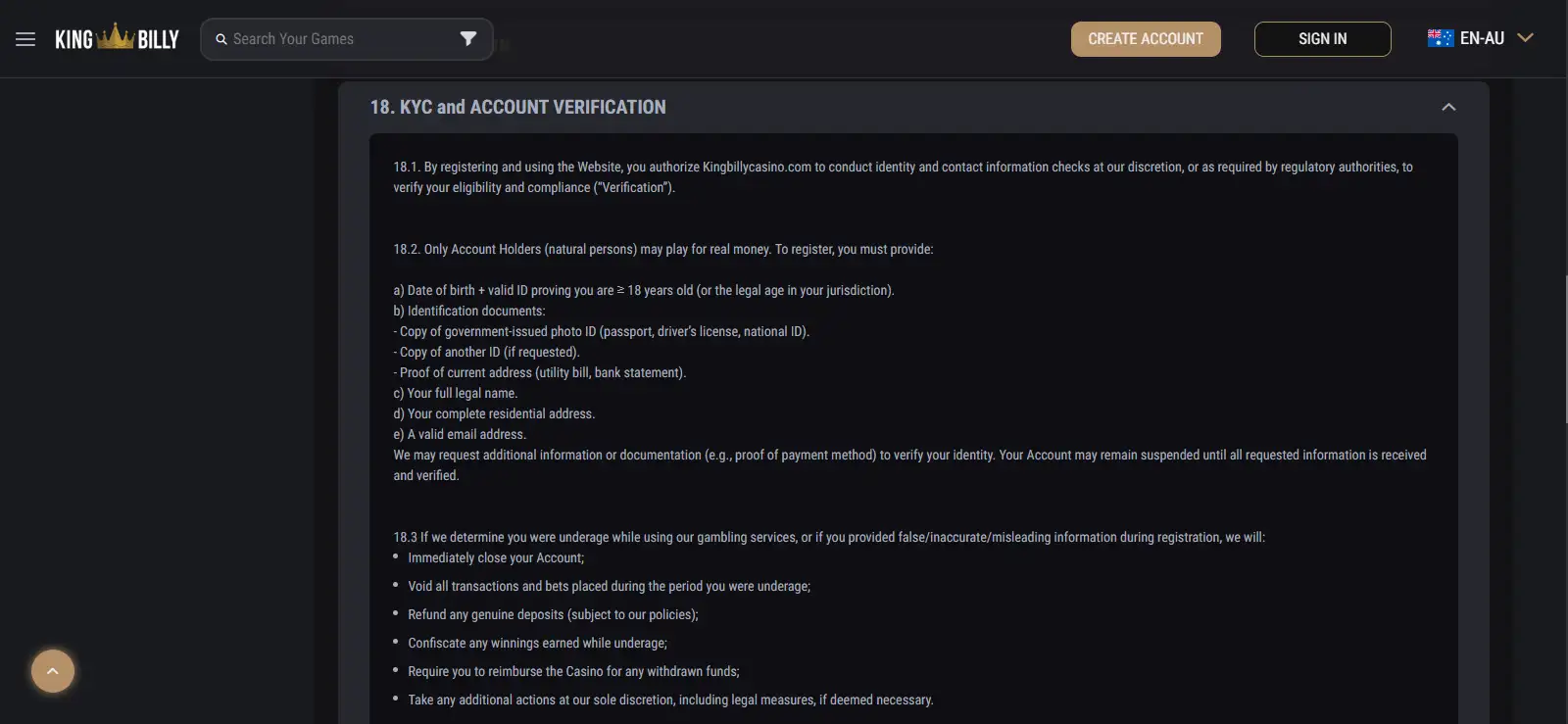 King Billy terms showing current KYC identity document requirements