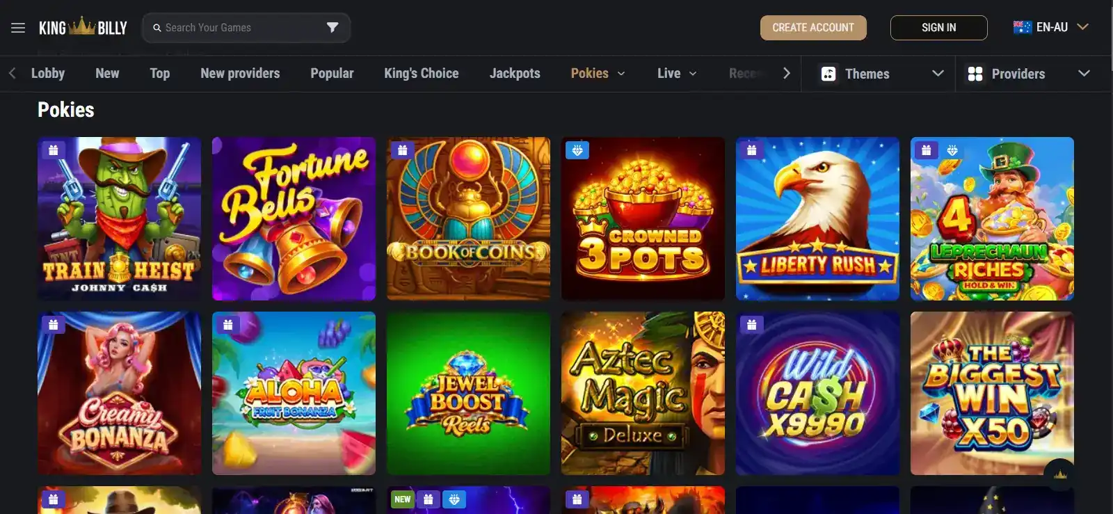 King Billy slots lobby with categories, themes and provider filters visible