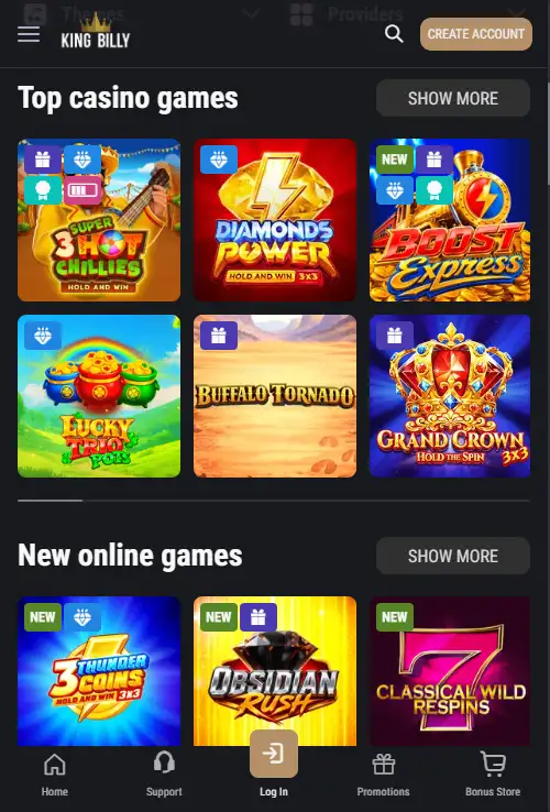 King Billy mobile interface or official Android download surface on a phone viewport