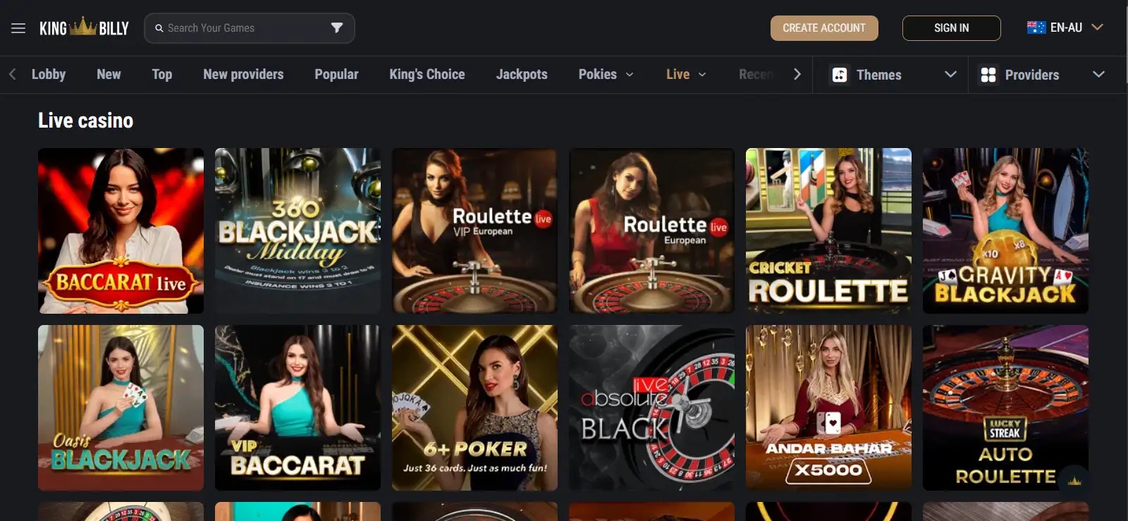 King Billy live casino lobby showing live dealer navigation and provider filters