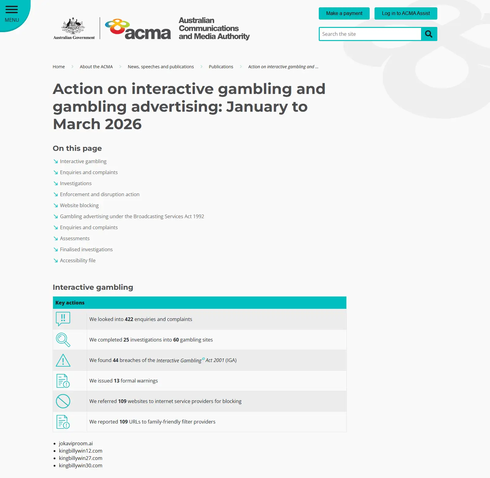 ACMA enforcement report showing King Billy domains in the blocked website list
