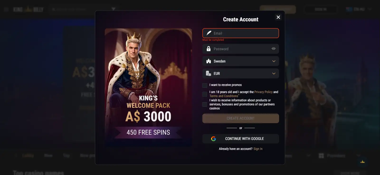 Current King Billy account creation interface with country and currency controls visible if available