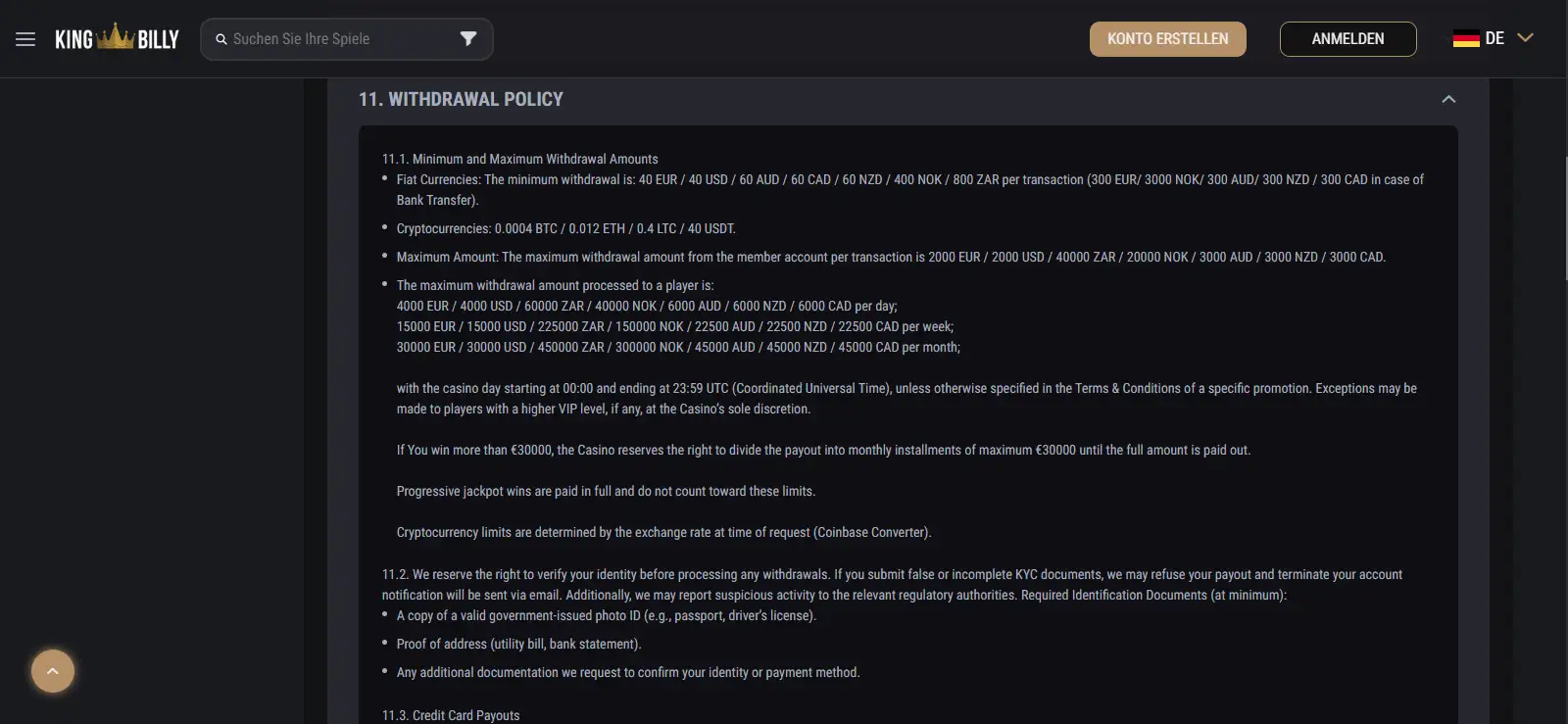 King Billy terms showing current withdrawal minimums, maximums and processing rules