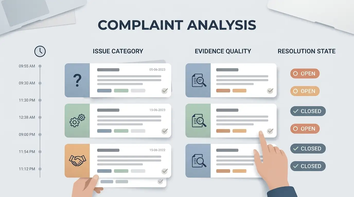 Neutral illustration showing complaint evidence categories, timestamps and resolution markers