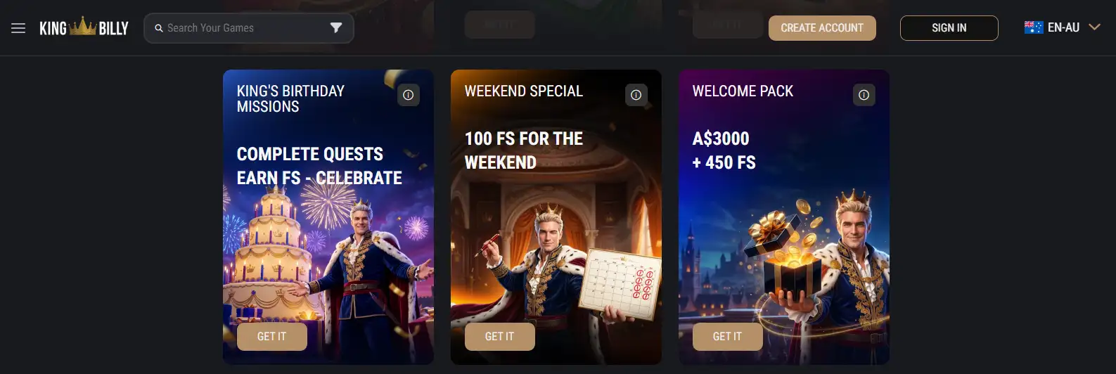 King Billy Australian promotions page showing the current welcome offer card
