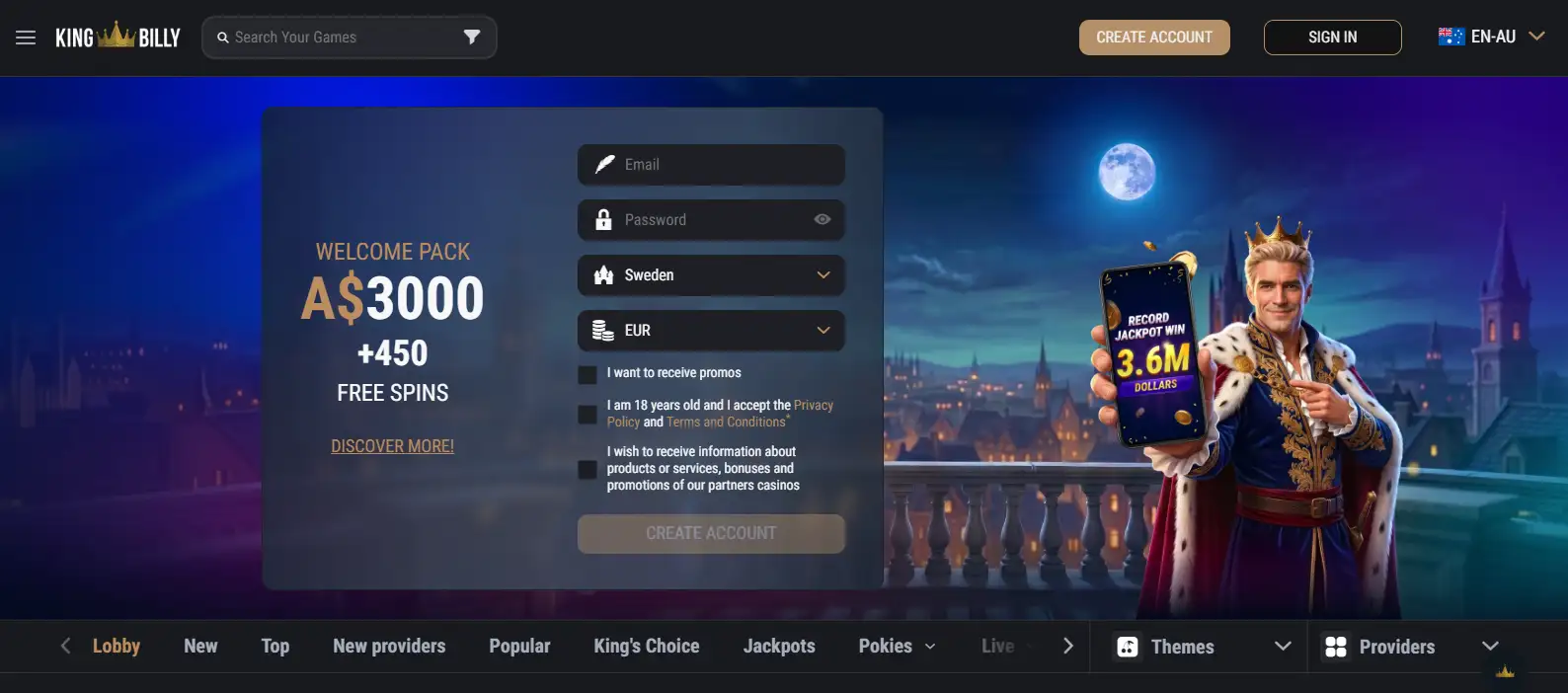 AU-localised King Billy Casino interface showing the brand and Australian English locale
